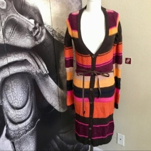 H&M Long Cardigan XS NWT Wool Striped Belted Tunic Colorful Striped Cozy Warm - Picture 3 of 10
